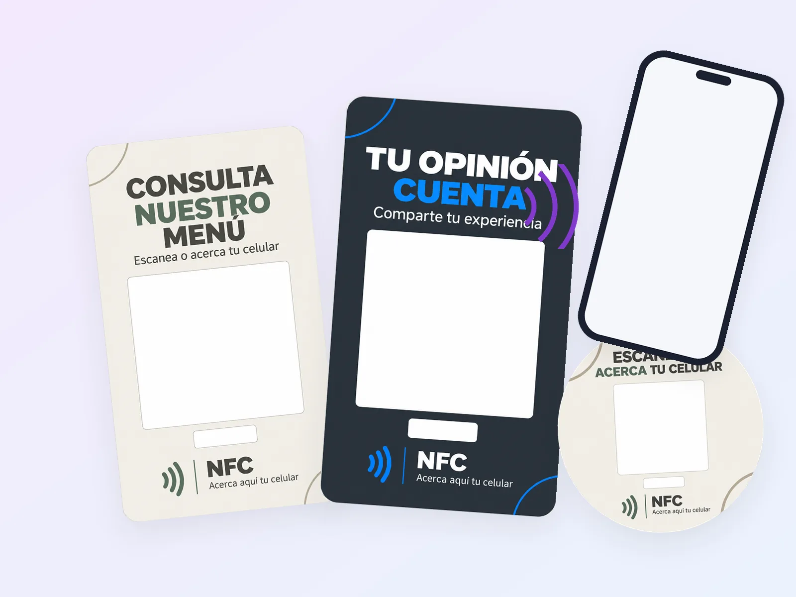 Piezas QR + NFC de SoyAi sobre un mostrador